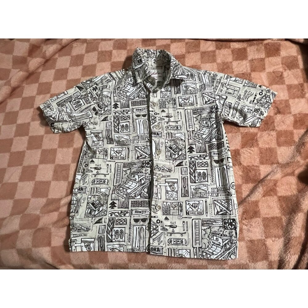 Kahala Boys Hawaiian Aloha Wooden Wave Button Up Shirt Small (6-7) Made In HI